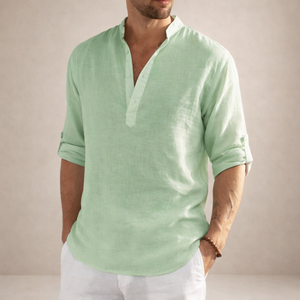 Men's Linen Shirt – Stand-Up Collar, Long Sleeve 11