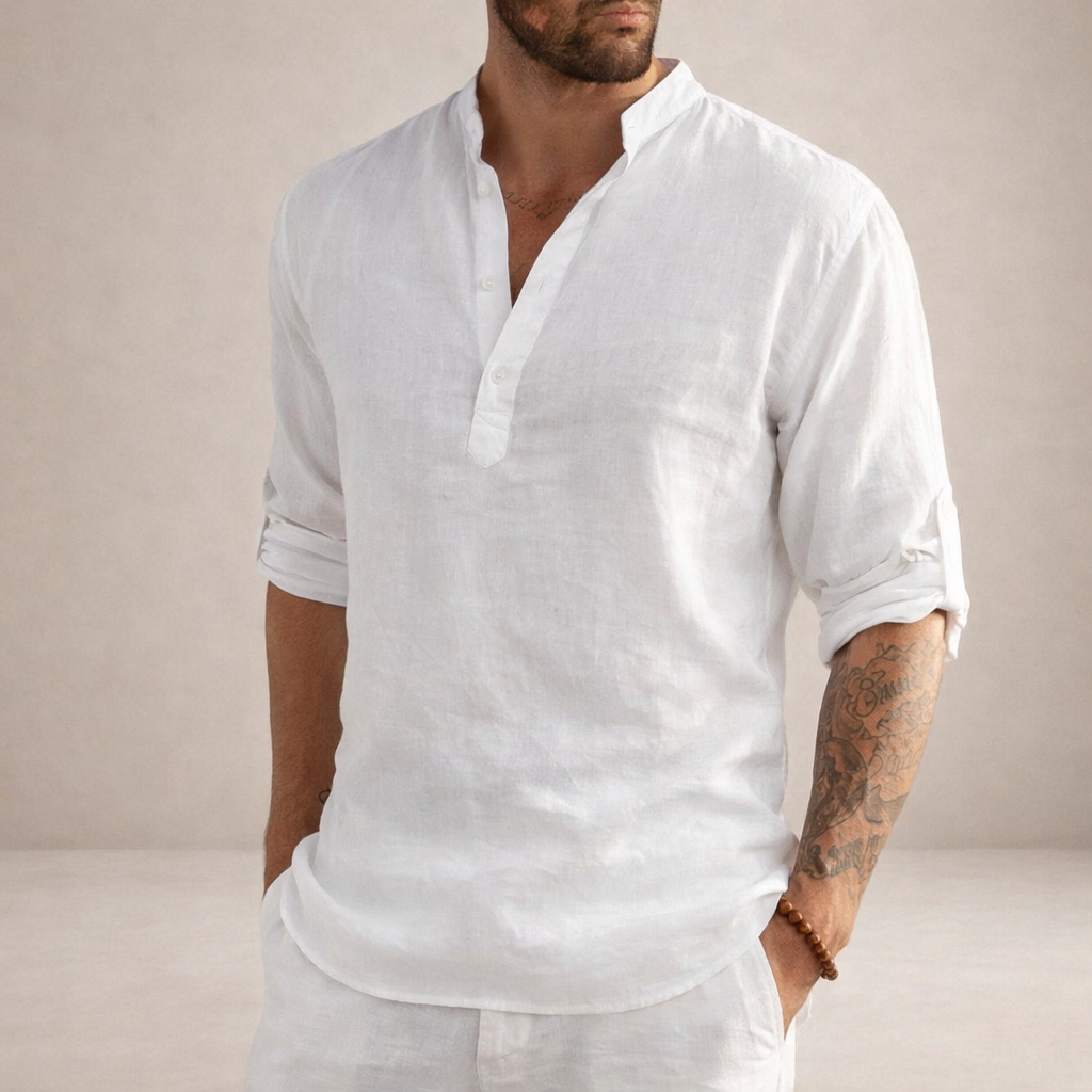 Men's Linen Shirt – Stand-Up Collar, Long Sleeve 1