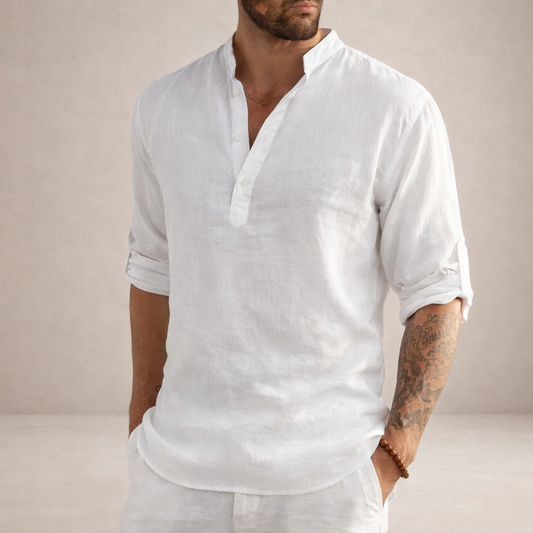 Men's Linen Shirt – Stand-Up Collar, Long Sleeve 1