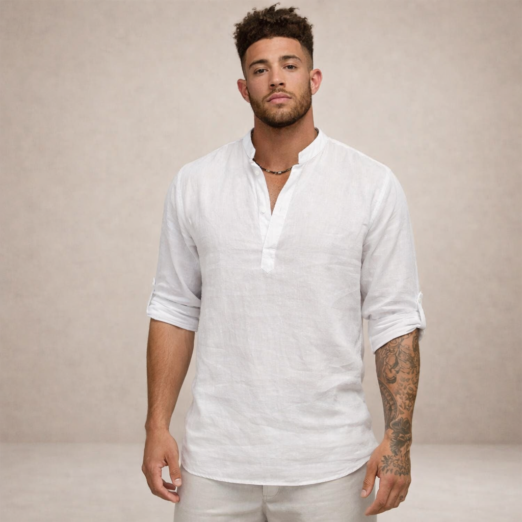 Men's Linen Shirt – Stand-Up Collar, Long Sleeve 2