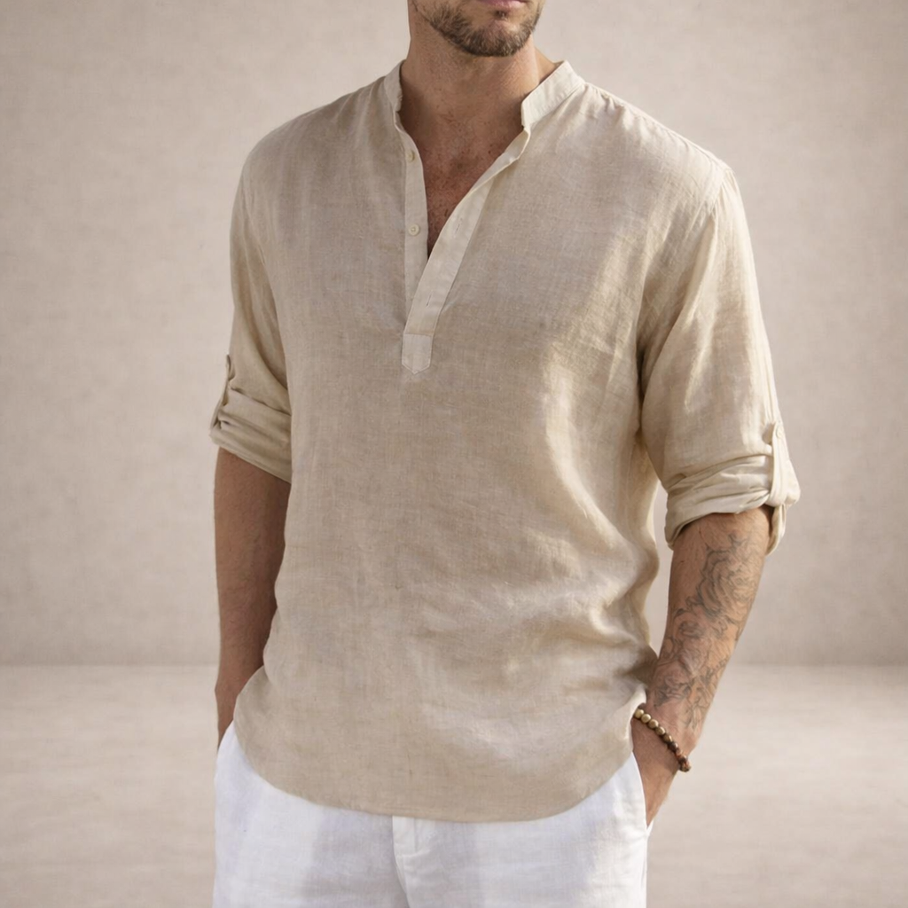 Men's Linen Shirt – Stand-Up Collar, Long Sleeve 4