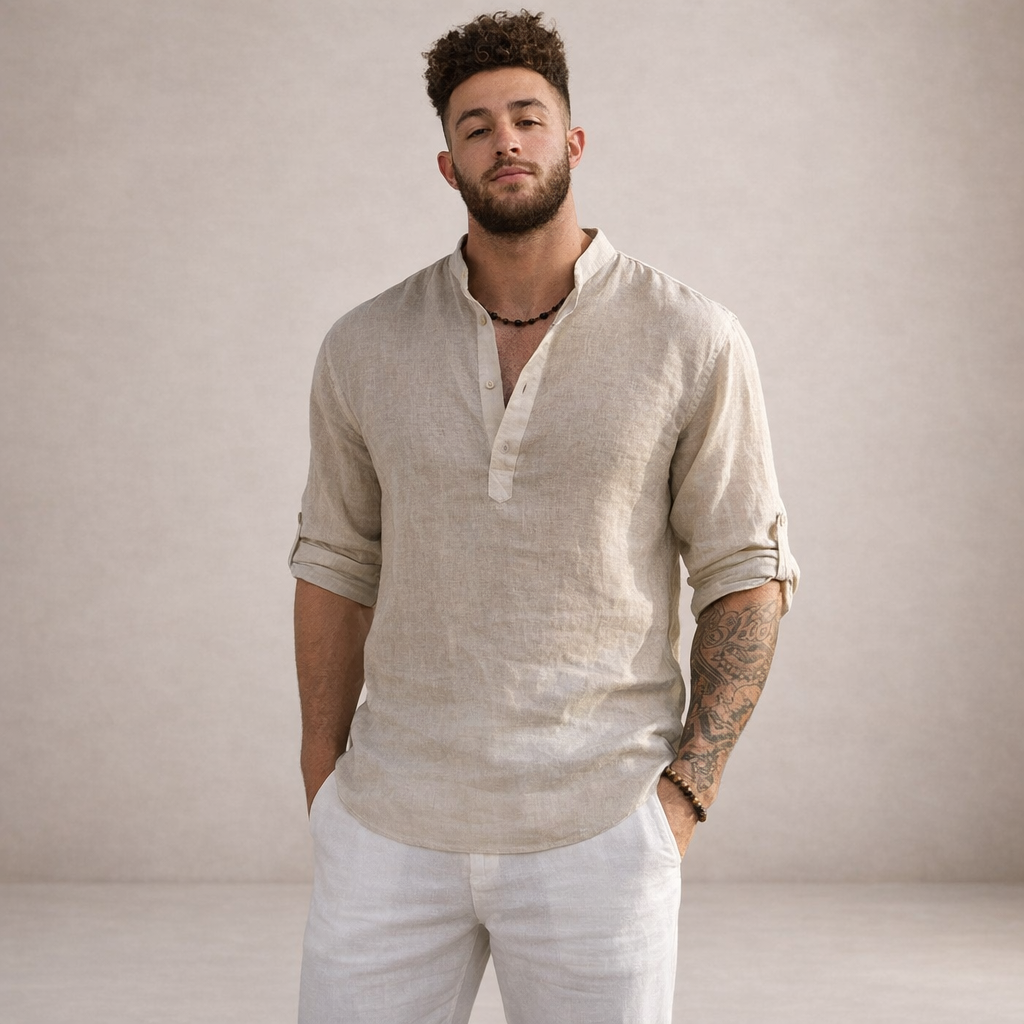 Men's Linen Shirt – Stand-Up Collar, Long Sleeve 5