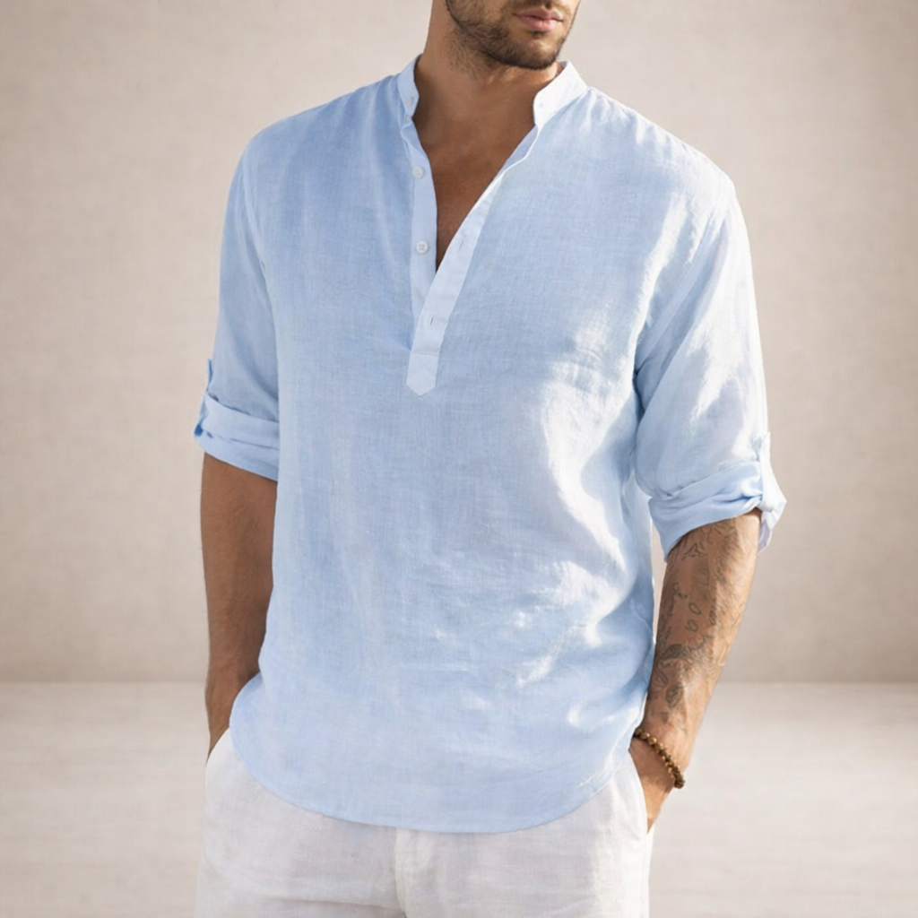 Men's Linen Shirt – Stand-Up Collar, Long Sleeve 6