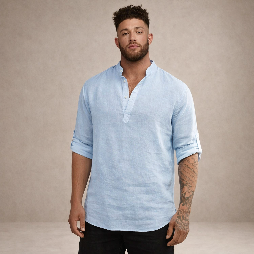 Men's Linen Shirt – Stand-Up Collar, Long Sleeve 7