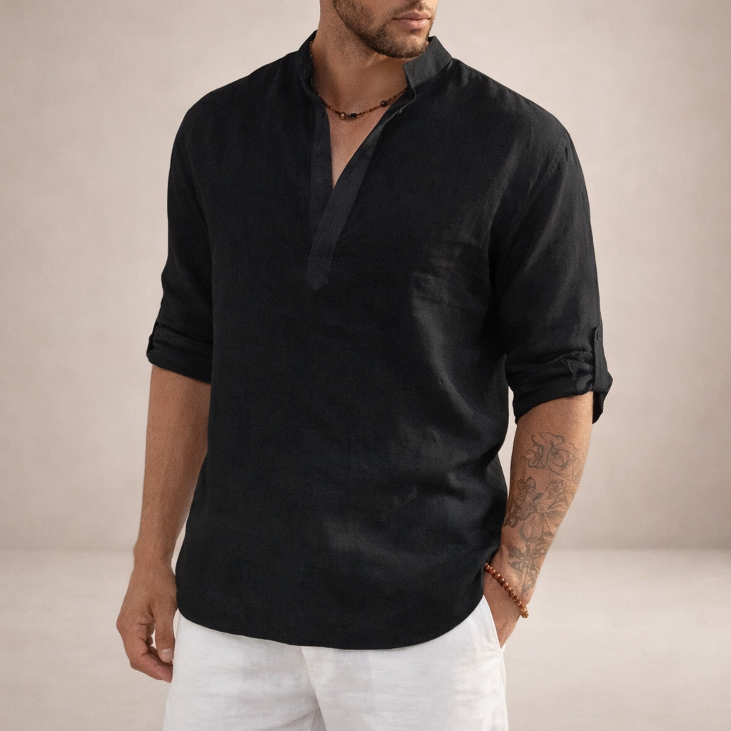 Men's Linen Shirt – Stand-Up Collar, Long Sleeve 8