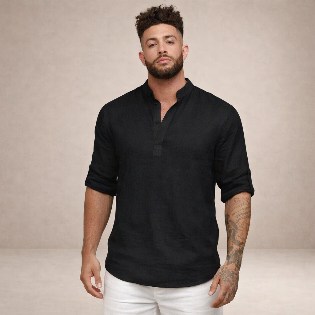 Men's Linen Shirt – Stand-Up Collar, Long Sleeve 9