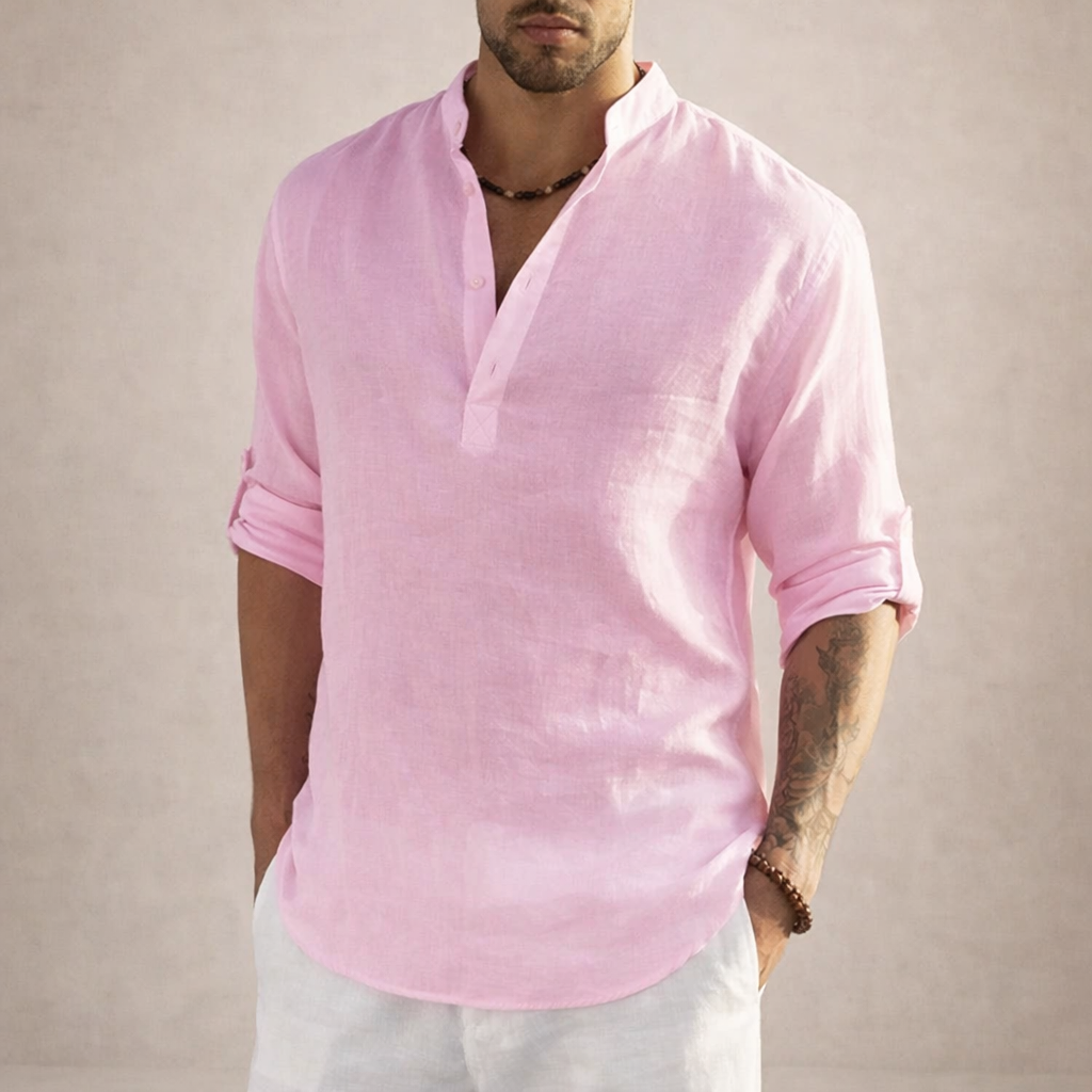 Men's Linen Shirt – Stand-Up Collar, Long Sleeve 10